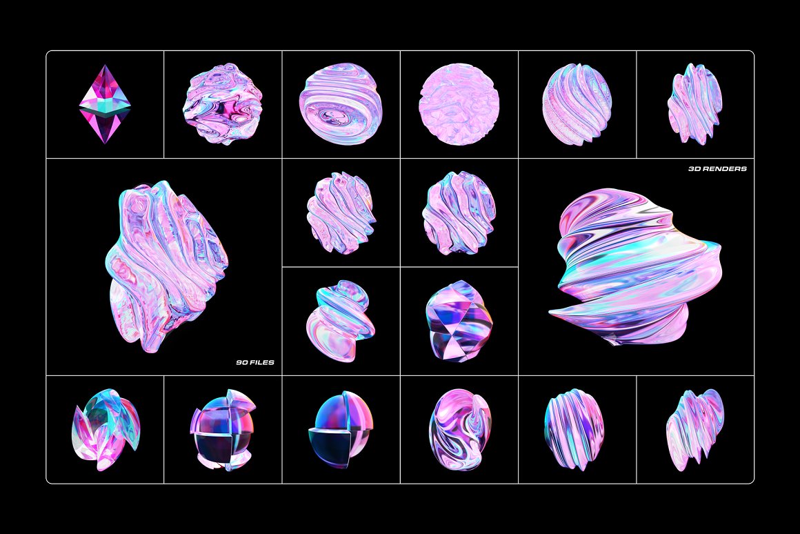 90款全息渐变透明多彩玻璃水晶抽象艺术3D流体几何PNG免抠图设计素材 Fluid Glass 3D Shapes（8877）图层云