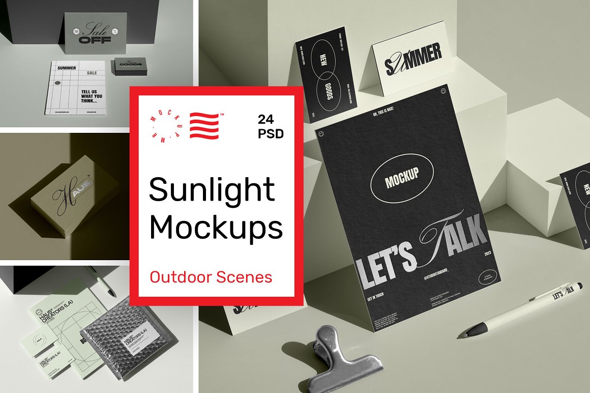 Sunlight Branding Mockups 24款质感名片信纸徽章折页文具品牌VI应用设计作品贴图ps样机素材（8892）