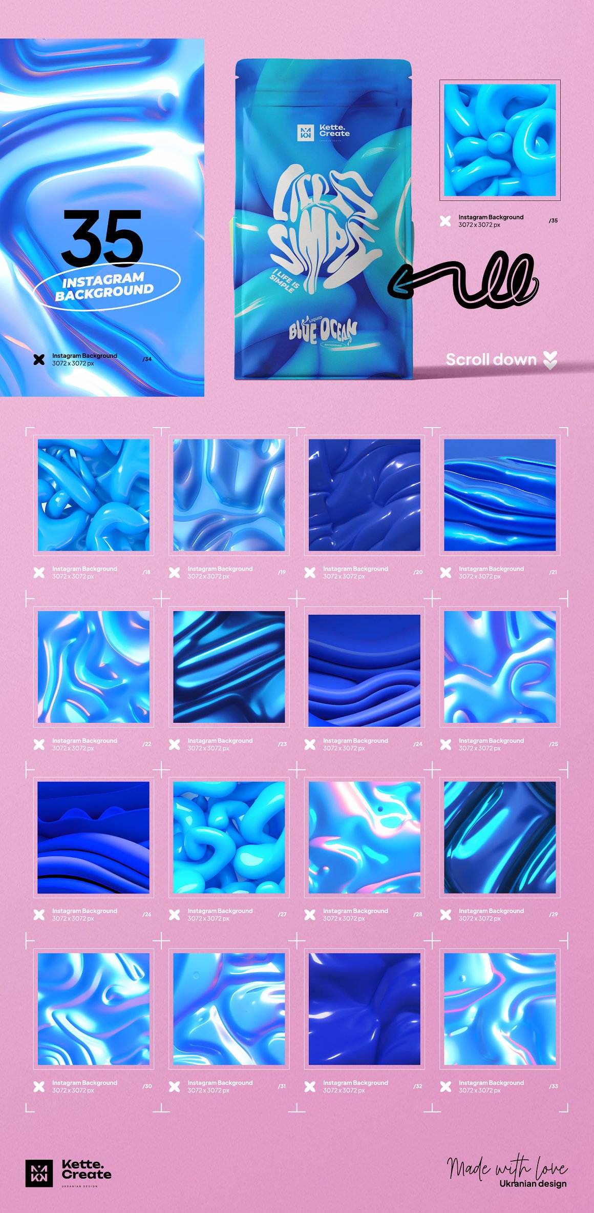 185个海洋蓝色3D流动光泽液体抽象艺术背景图片Y2K涂鸦标题设计套装 Ocean Blue | Background（8894）图层云