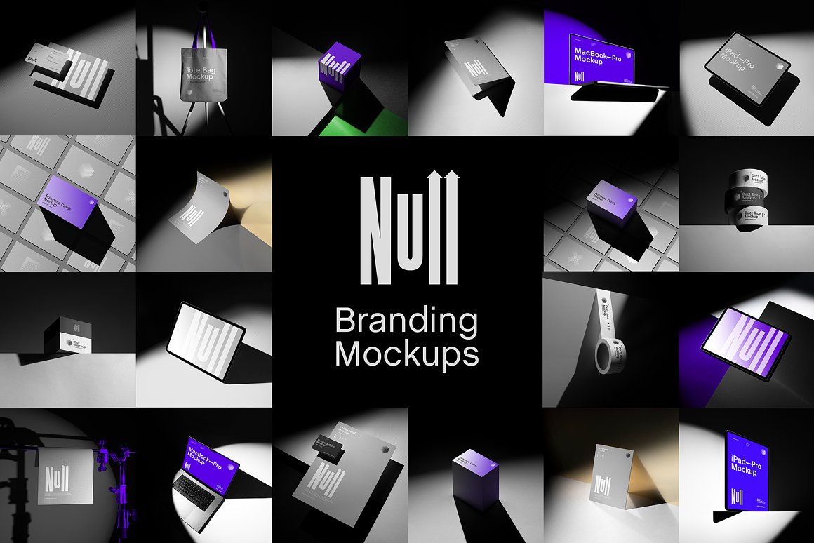 Null Branding Mockups Kit 20款极简iPad海报包装手提袋胶带名片记事本VI设计作品贴图PSD样机（8933）