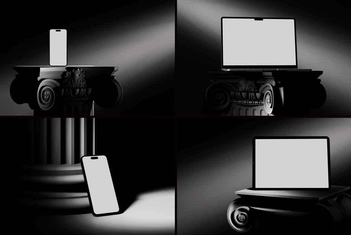 黑暗极简风格质感苹果笔记本电脑手机显示器屏幕UI设计展示PSD样机套装 Ancient Future | Apple Device Mockup（8978）图层云