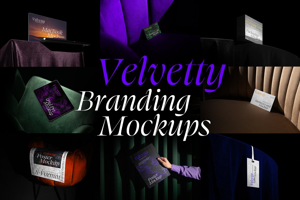 26款高级奢华品牌logo设计名片海报吊牌MacBook电脑iPad展示贴图psd样机模板 Velvetty Branding Mockups Kit（9000）图层云