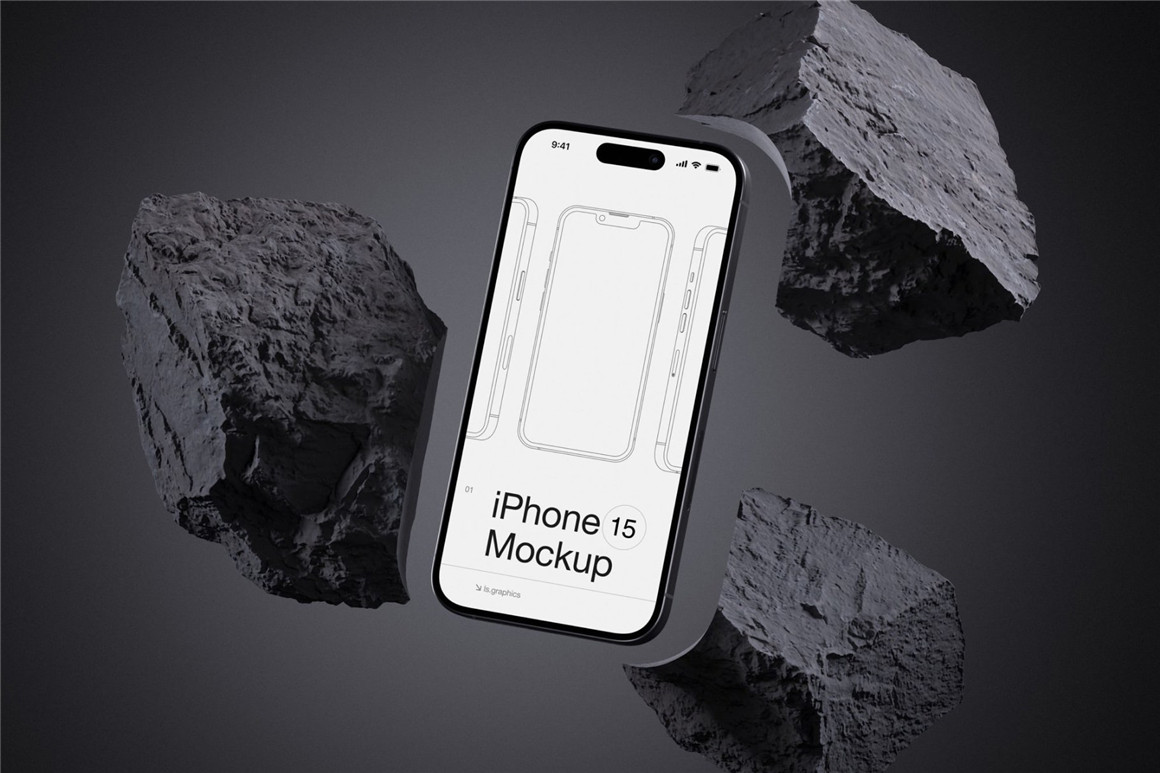 16款工业黑化风苹果手机iPhone 15 Pro屏幕演示效果图PSD样机模板 I-Mockups: iPhone 15 Pro（9043）图层云