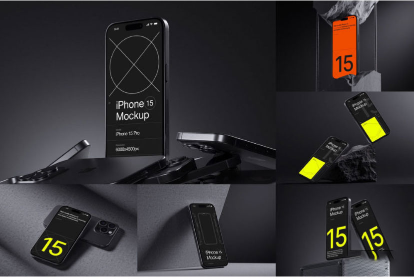 16款工业黑化风苹果手机iPhone 15 Pro屏幕演示效果图PSD样机模板 I-Mockups: iPhone 15 Pro（9043）