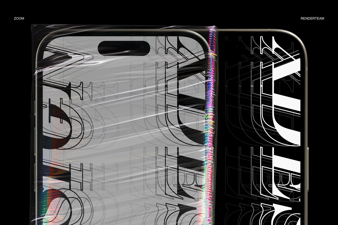 潮流品牌VI设计全息快递气泡包装袋名片iPhone 15 Pro展示贴图PSD样机模板 Holographic Brand Identity Mockups（9065）图层云