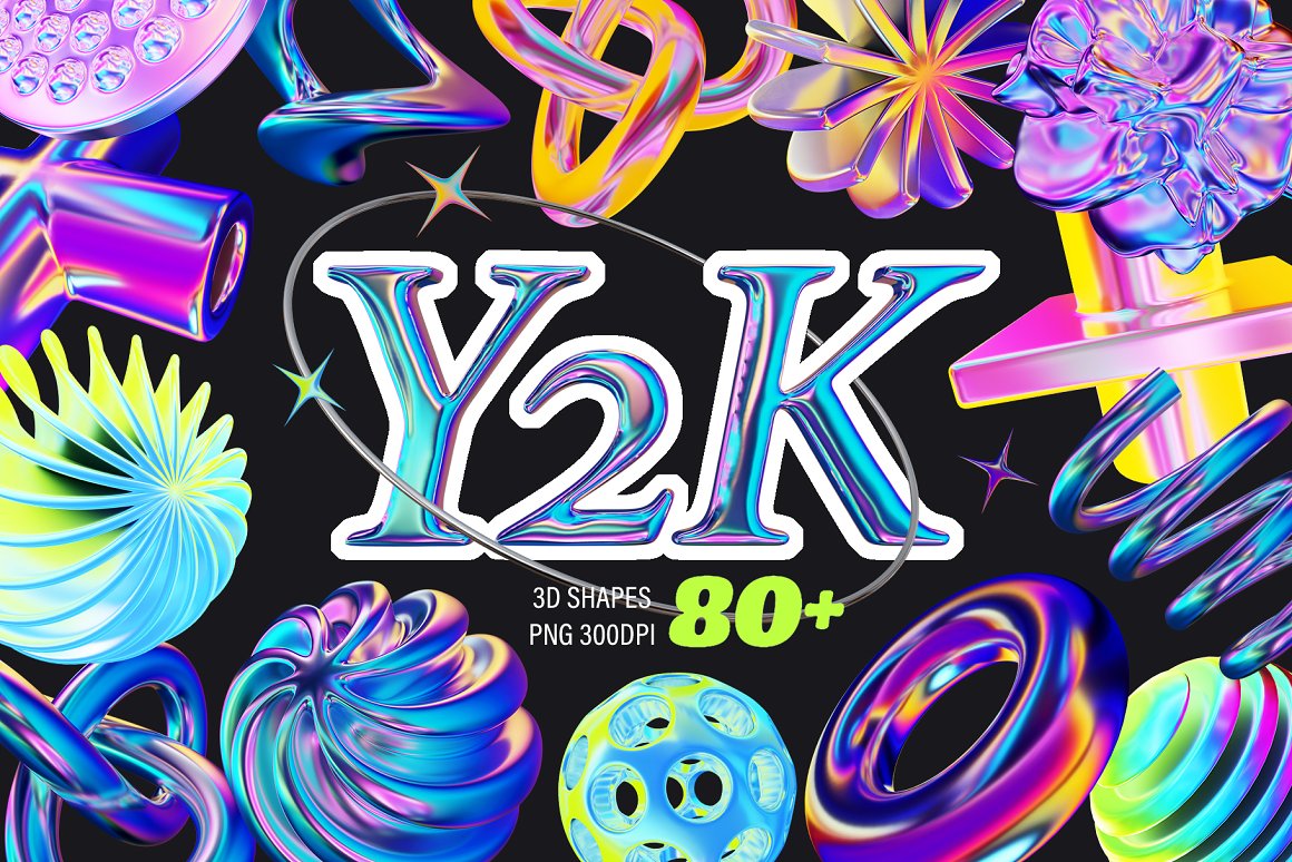 千禧2K风格全息霓虹渐变霓虹3D立体艺术图形PNG免抠设计素材 Y2K 3D Aesthetic Shapes Collection（9204）