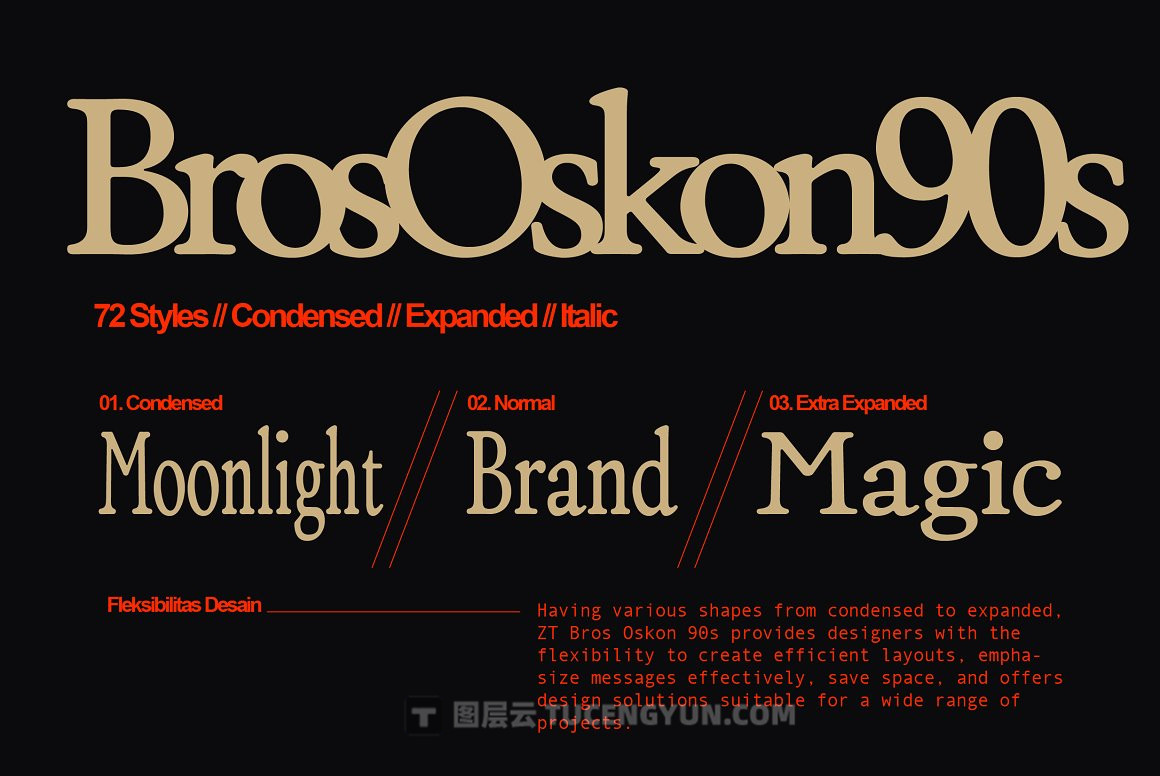 英文字体：90年代复古印刷优雅现代模拟衬线西文字体家族ZT Bros Oskon 90s – 72 Styles（9288）图层云