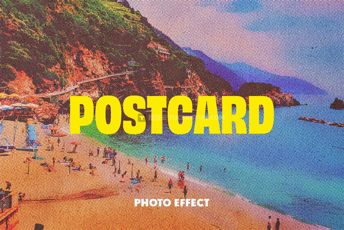 2款复古90年代质感半调颗粒磨损做旧照片PSD特效样机 Vintage Halftone Postcard Photo Effect（9297）图层云