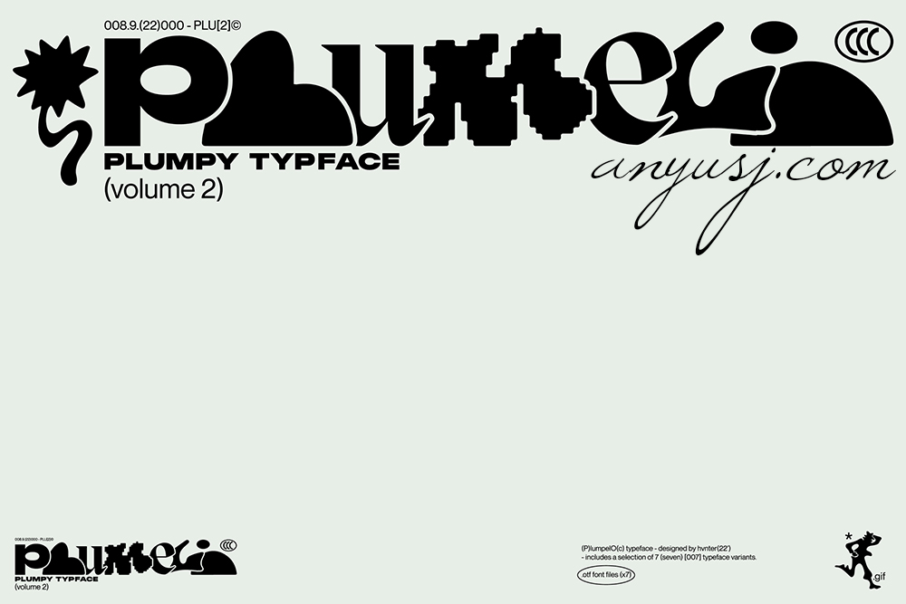 英文字体：7款Y2K趣味复古气泡涂鸦手绘抽象装饰手写无衬线西文字体套装HVNTER – Plumpelo® Typeface (Volume 2)（9302）
