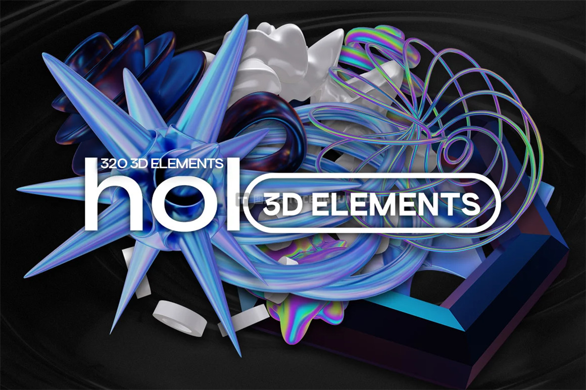 320款3D立体全息镭射金属质感抽象艺术几何图形PNG免抠图设计素材 Holo 3D – 320 3D Elements（9320）