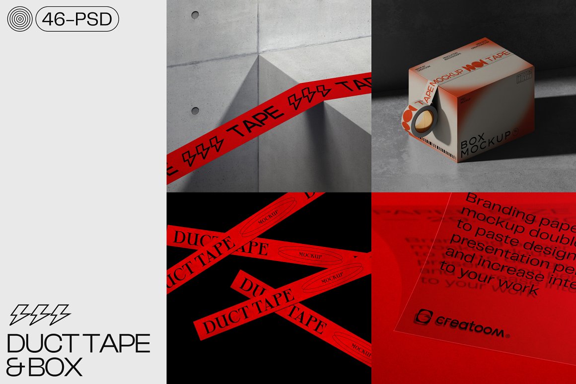 43款高级工业风品牌VI设计胶带包装纸盒名片信纸信封展示效果图PSD样机 Duct tape & Box mockups（9341）