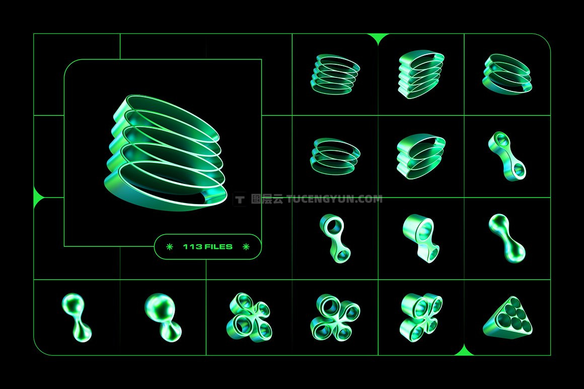 113款千禧年Y2K绿色镀铬金属3D几何抽象星芒PNG免扣设计元素套装 Y2K 3D Shapes Collection（9364）图层云