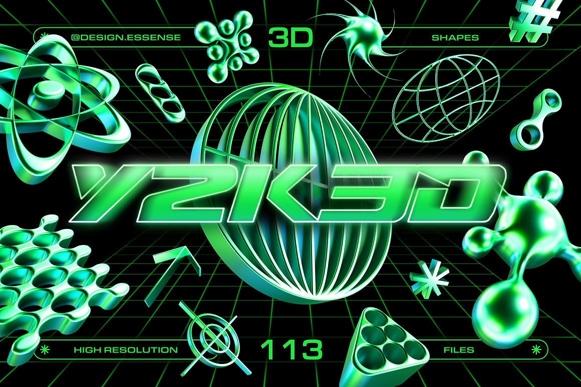 113款千禧年Y2K绿色镀铬金属3D几何抽象星芒PNG免扣设计元素套装 Y2K 3D Shapes Collection（9364）