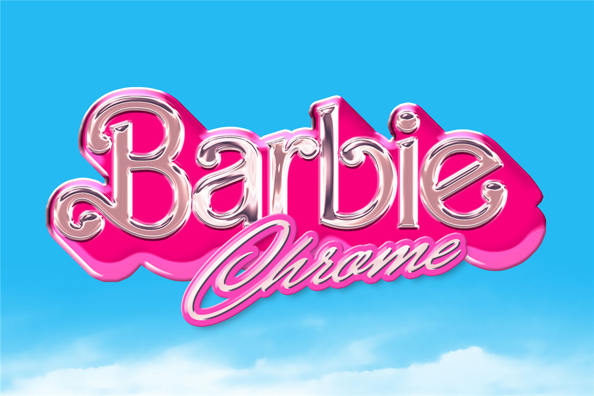 《芭比》电影风格金属镀铬美学文字标题PSD样机模板 Barbie Chrome Text Effect（9374）图层云