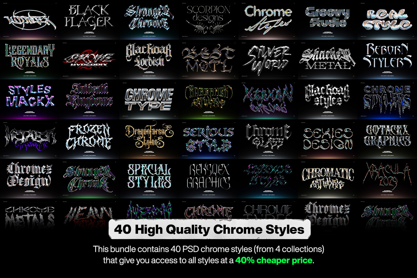 40款潮流金属3D镀铬标题Logo设计展示PS贴图样机模板套装 Chrome Text Styles Bundle（9481）图层云