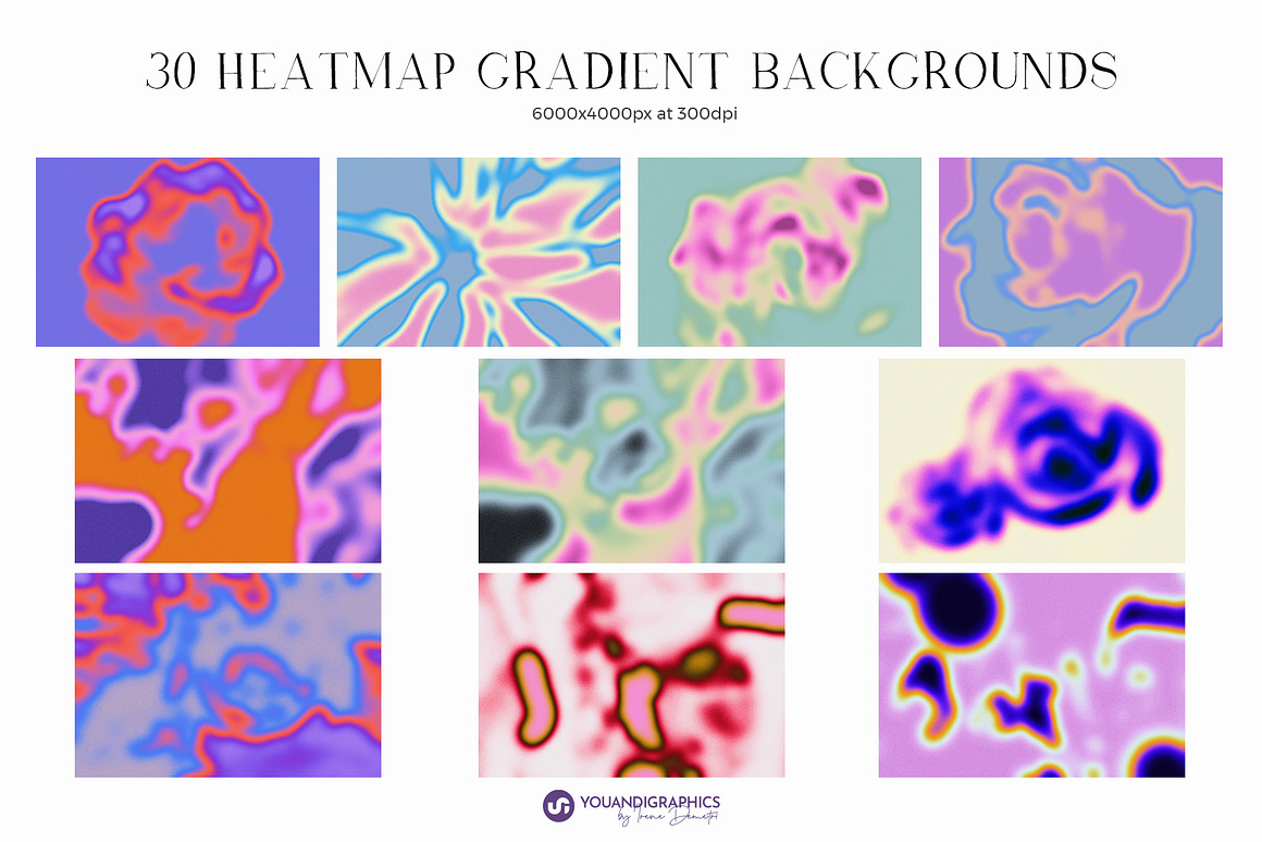 30款抽象艺术红外热感应热成像弥散光渐变迷幻酸性海报背景设计套装 Heatmap Grainy Gradient Backgrounds（9504）图层云