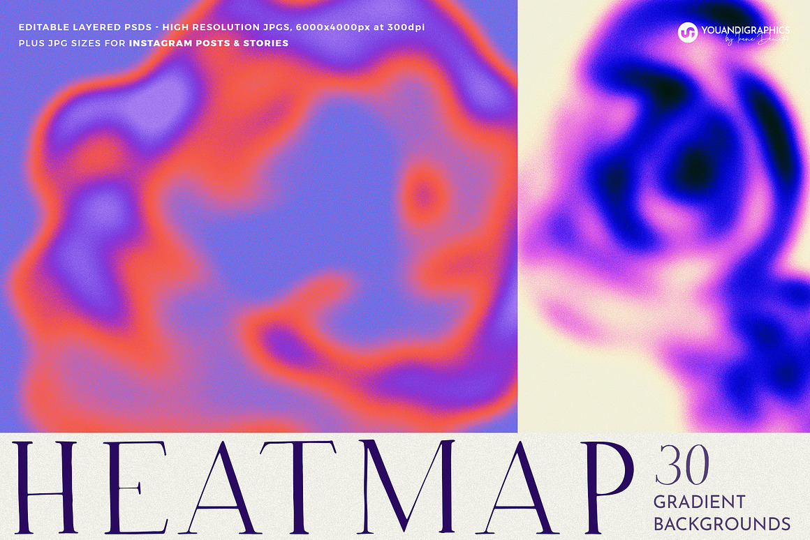 30款抽象艺术红外热感应热成像弥散光渐变迷幻酸性海报背景设计套装 Heatmap Grainy Gradient Backgrounds（9504）