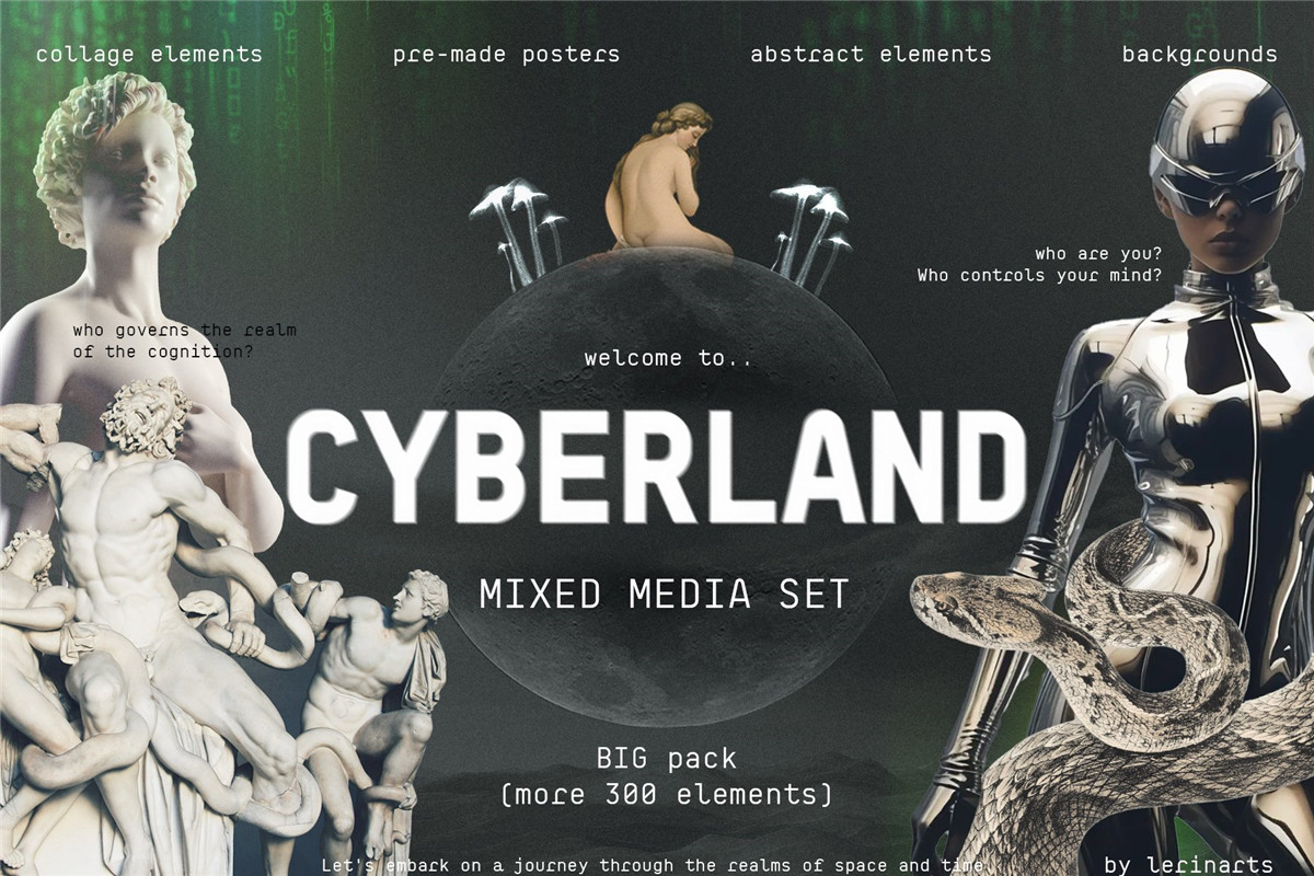 380款复兴赛博朋克迷幻酸性金属博姬梦幻雕塑人物剪贴画拼贴艺术PNG套装 MIXED MEDIA SETWelcome to Cyberland（9537）