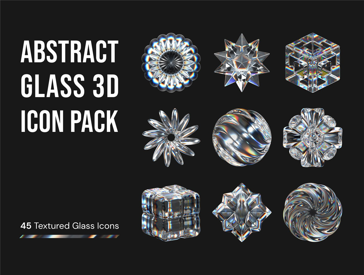 45款3D透明彩虹渐变彩色玻璃水晶英文字母数字png免抠图片素材 Abstract Glass 3D Icon Pack（9547）图层云