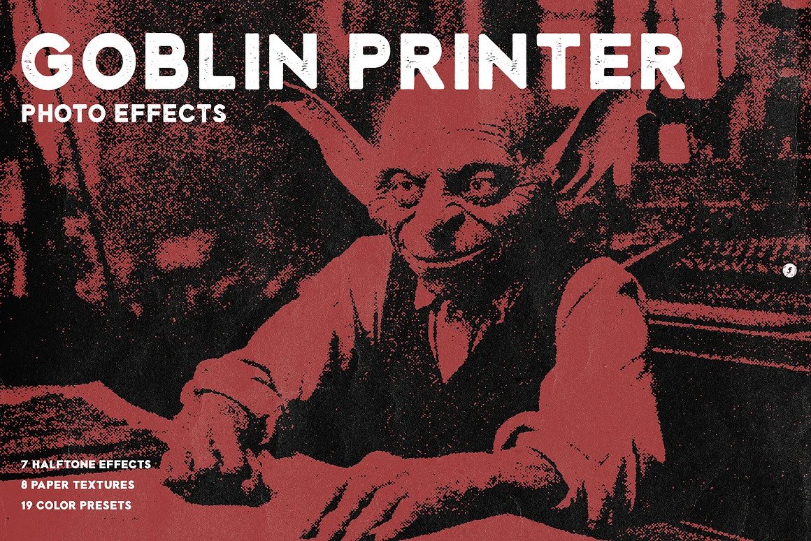 复古做旧真实半色调网格波浪印刷肌理特效PSD设计图片照片处理特效生成器 Goblin Printer - Halftone Effects（9629）