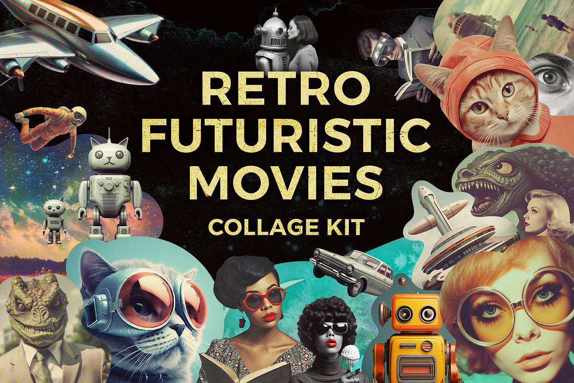 350个未来派复古创意电影拼贴艺术人物建筑机器人怪兽外星人剪贴画贴纸PNG元素设计套装 Retro futuristic movies collage ki（9727）图层云