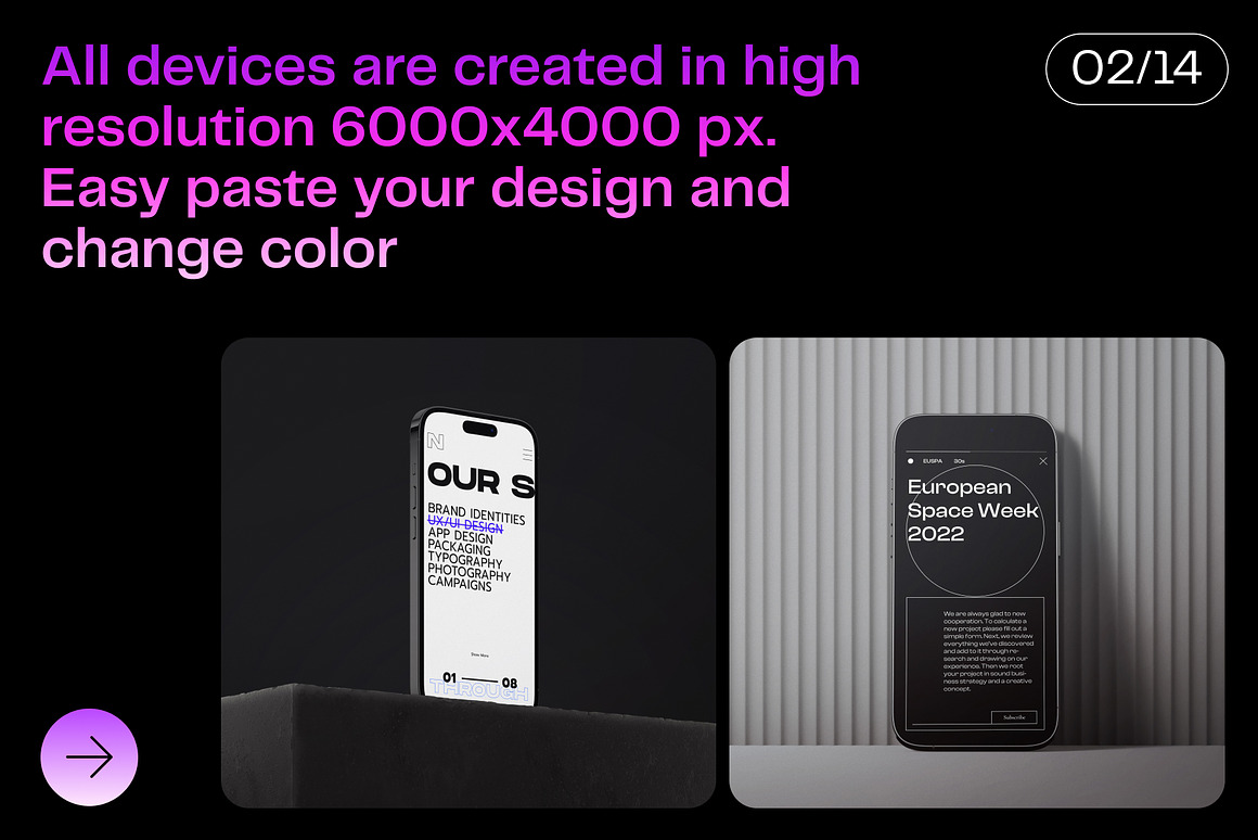 工业风极简质感高级IPhone14 pro苹果手机App界面UI设计作品贴图展示PSD暗黑场景样机套装 iPhone 14 pro mockups（9765）图层云