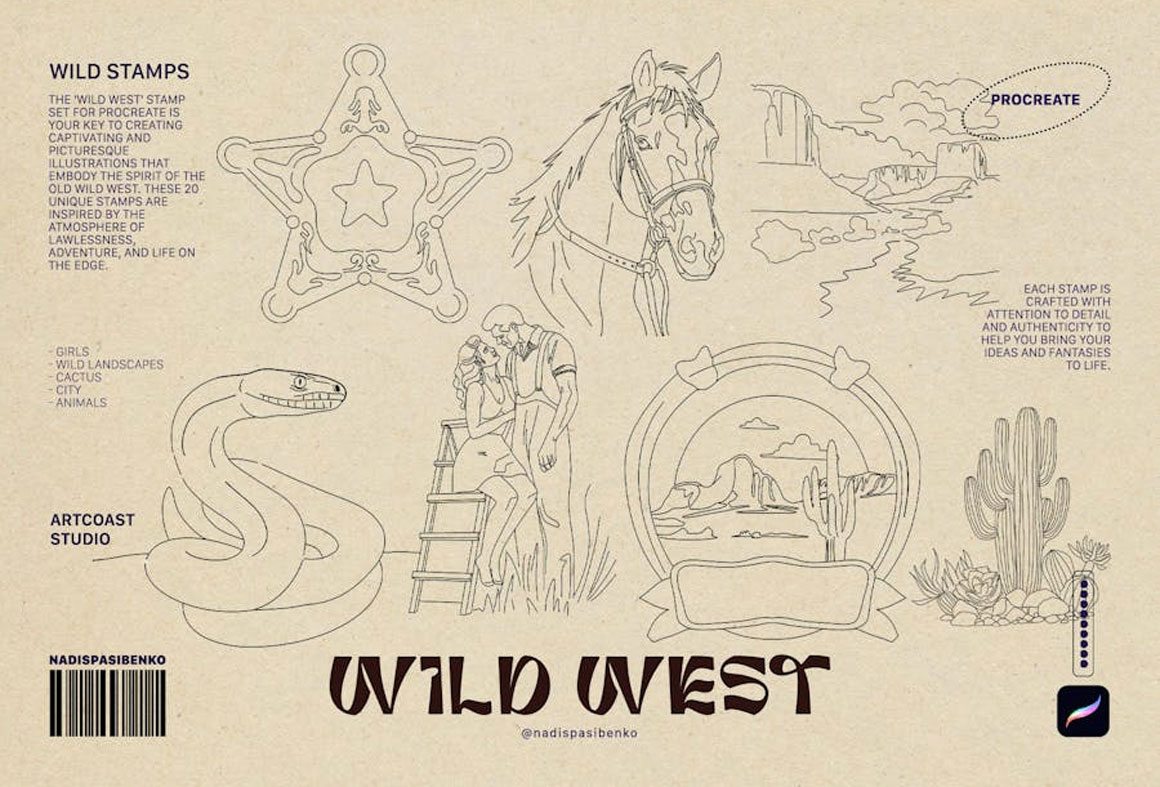 Procreate笔刷：复古手绘狂野西部人物建筑元素邮票标识漫画风iPad Procreate笔刷素材 Wild West Stamps（9793）图层云