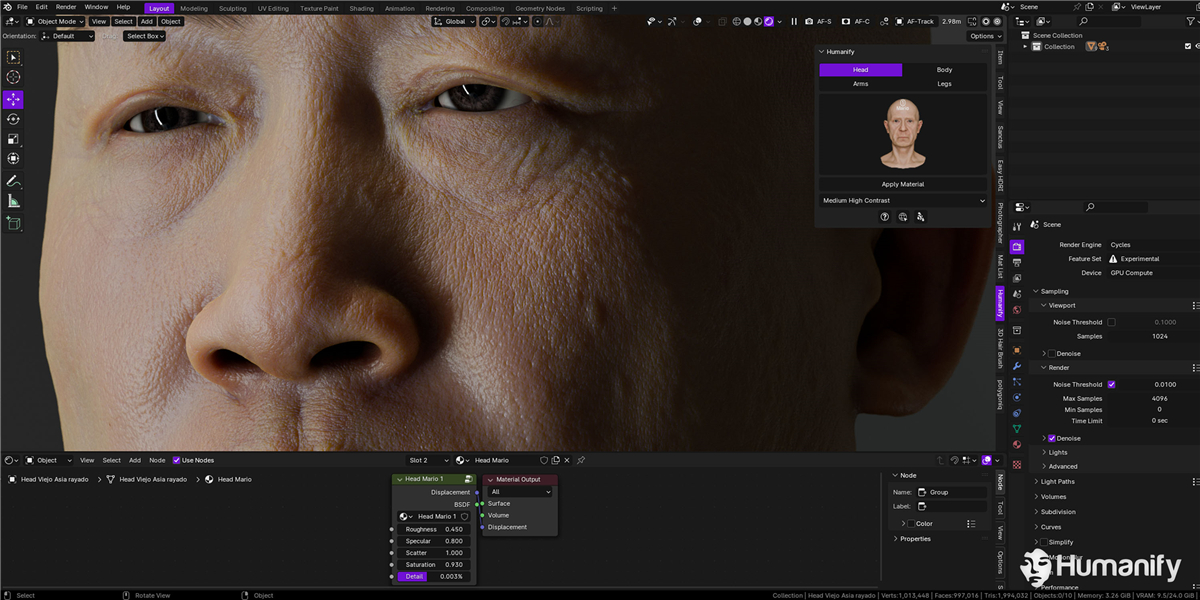 Blender插件：一键生成真实人体面部身体手脚皮肤着色器插件预设 Humanify + 视频教程（9818）图层云