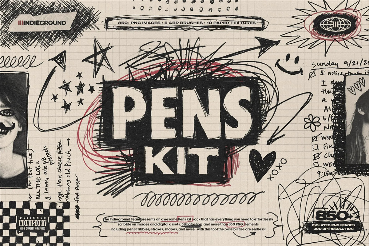 850+复古灵感手绘钢笔水彩笔涂鸦标记符号图案插画线条街头艺术PNG免扣元素设计套装 Indieground – Pens Kit（9918）