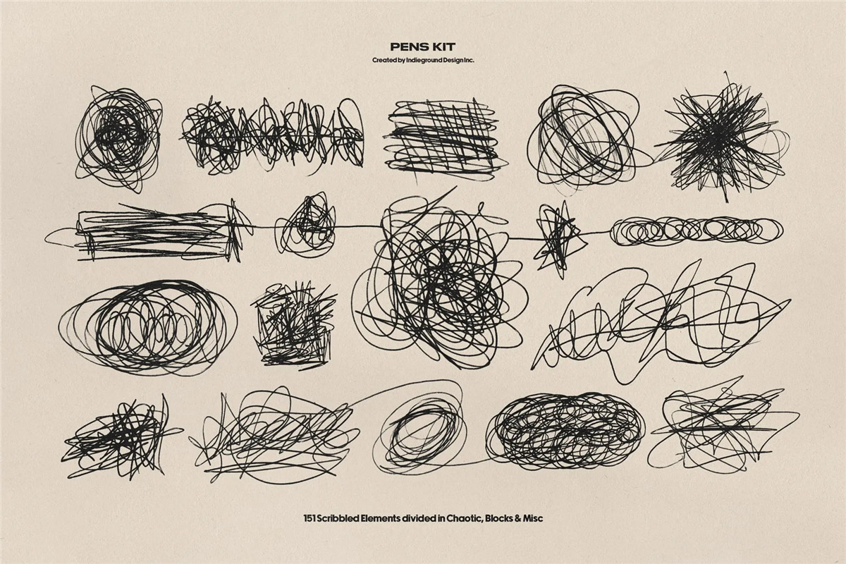 850+复古灵感手绘钢笔水彩笔涂鸦标记符号图案插画线条街头艺术PNG免扣元素设计套装 Indieground – Pens Kit（9918）图层云