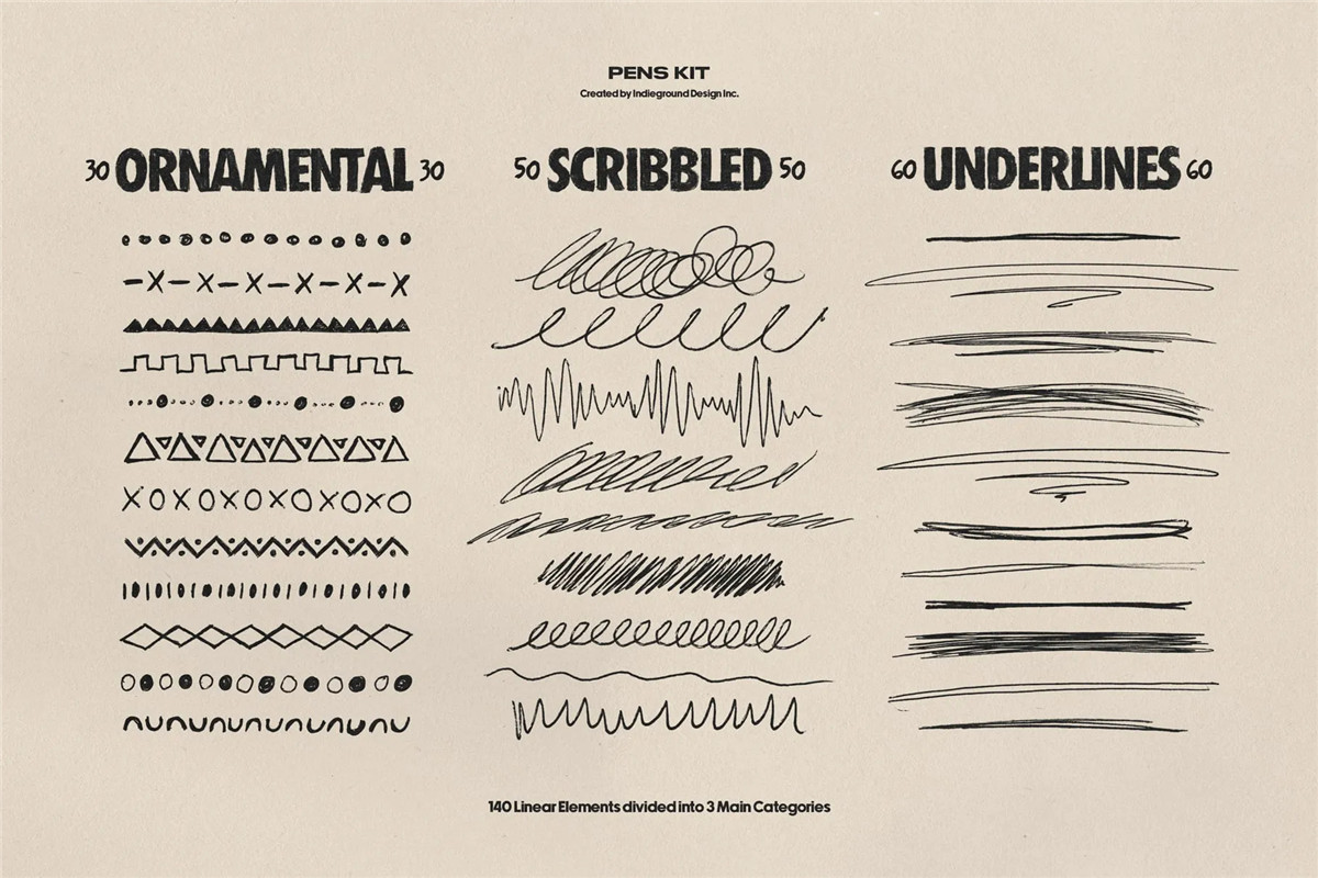 850+复古灵感手绘钢笔水彩笔涂鸦标记符号图案插画线条街头艺术PNG免扣元素设计套装 Indieground – Pens Kit（9918）图层云
