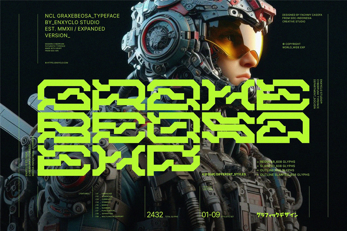 赛博朋克机甲机能科幻硬机械概念海报创意排版电竞游戏网站徽标设计机甲装饰英文字体 NCL Graxebeosa Expanded Cyberpunk Futuristic（9961）