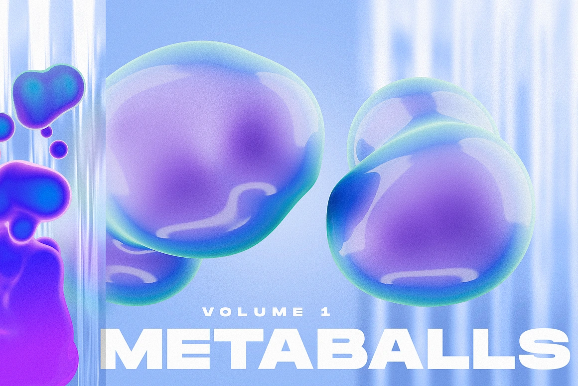 59款3D立体抽象金属流体镀铬液体粒子球体PNG免扣元素背景图片设计套装 Metaballs: Volume 1（10008）图层云