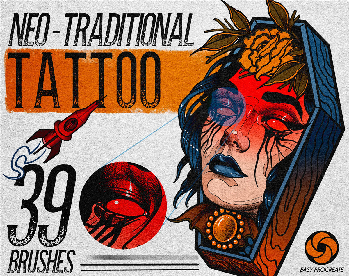 39款新传统绘画真实复古颗粒噪点文身素描绘画Procreate笔刷套装 Procreate Neo-Traditional Tattoo Brushes（10162）图层云