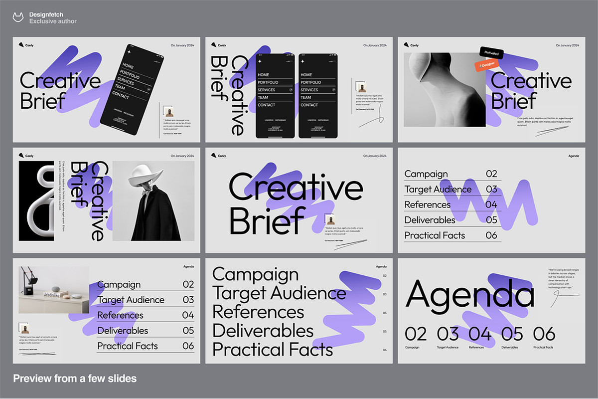 40+现代动态独特极简艺术品牌VI手册艺术PPT幻灯片演示文稿 Creative brief template – Conly（10320）图层云