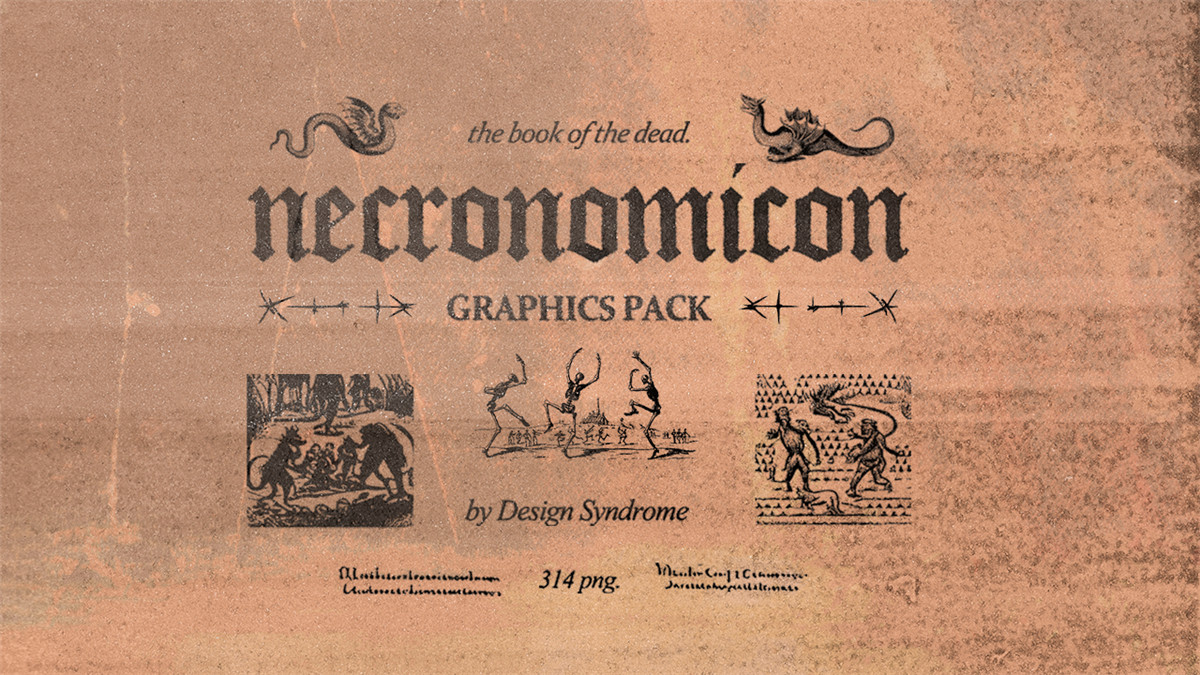 310个复古中世纪暗黑奥术神秘死灵骷髅飞龙怪物图形插画插图PNG高清免扣设计套装 Necronomicon Graphics Pack by Design syndrome（10326）