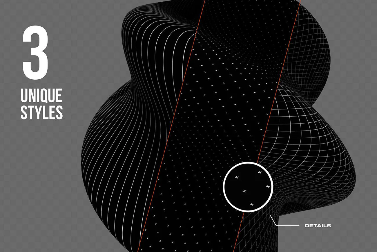390多款未来科幻风格赛博朋克5K高清黑白抽象3D几何图形PNG免抠图设计素材 390+ Lines & Dots 3D Shapes（10387）图层云
