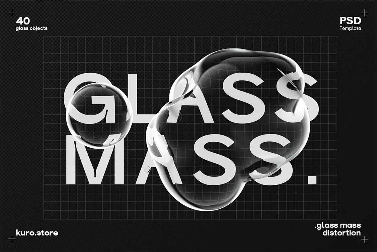 透明液体3D气泡流体玻璃扭曲变形文本标题置换特效PSD样机套装 Glass Mass Distortion Shapes（10423）图层云