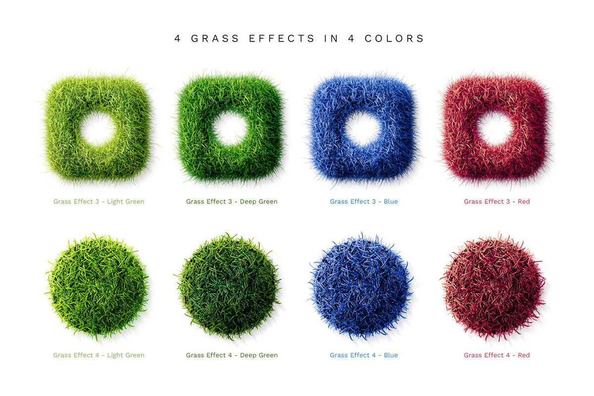 逼真趣味绿草创意3D立体毛茸茸草皮LOGO文字标题PS动作效果包 Grass Photoshop PSAction（10425）图层云