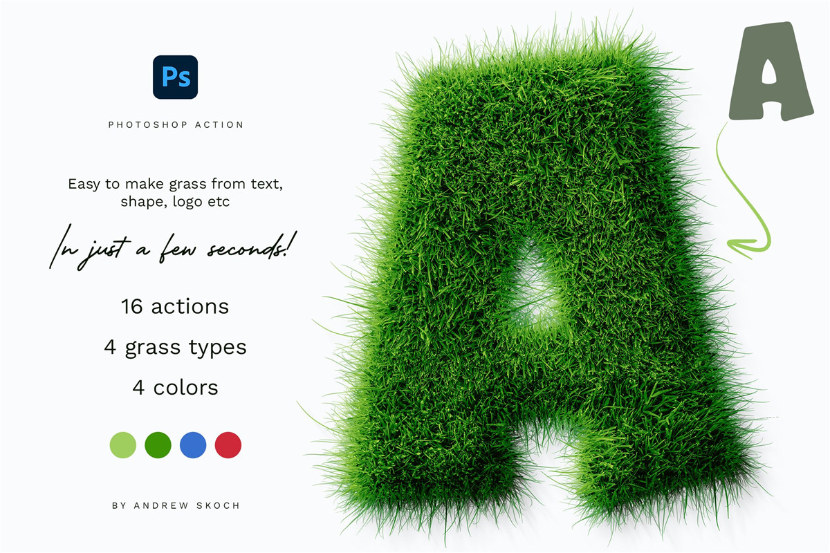 逼真趣味绿草创意3D立体毛茸茸草皮LOGO文字标题PS动作效果包 Grass Photoshop PSAction（10425）图层云