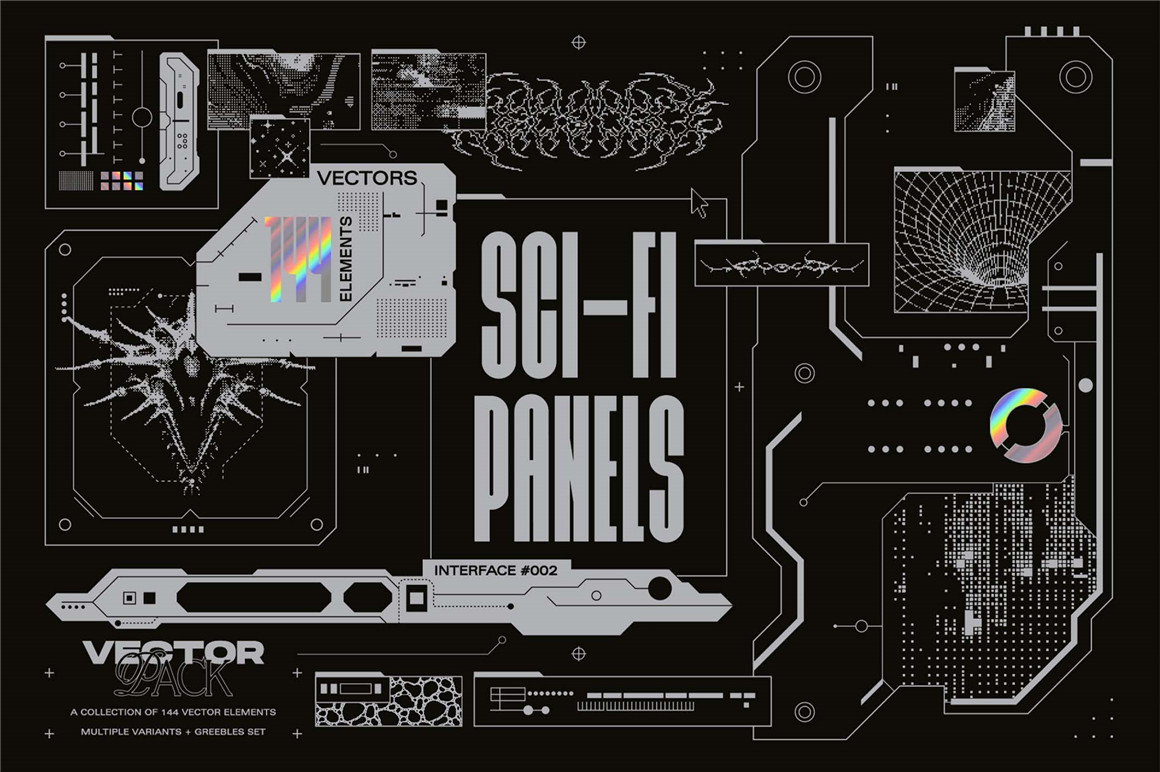 144个赛博未来机能科幻矢量HUD面板图形卡片标签海报排版构图AI矢量设计素材套装 Sci-Fi Panels Vector Pack（11078）