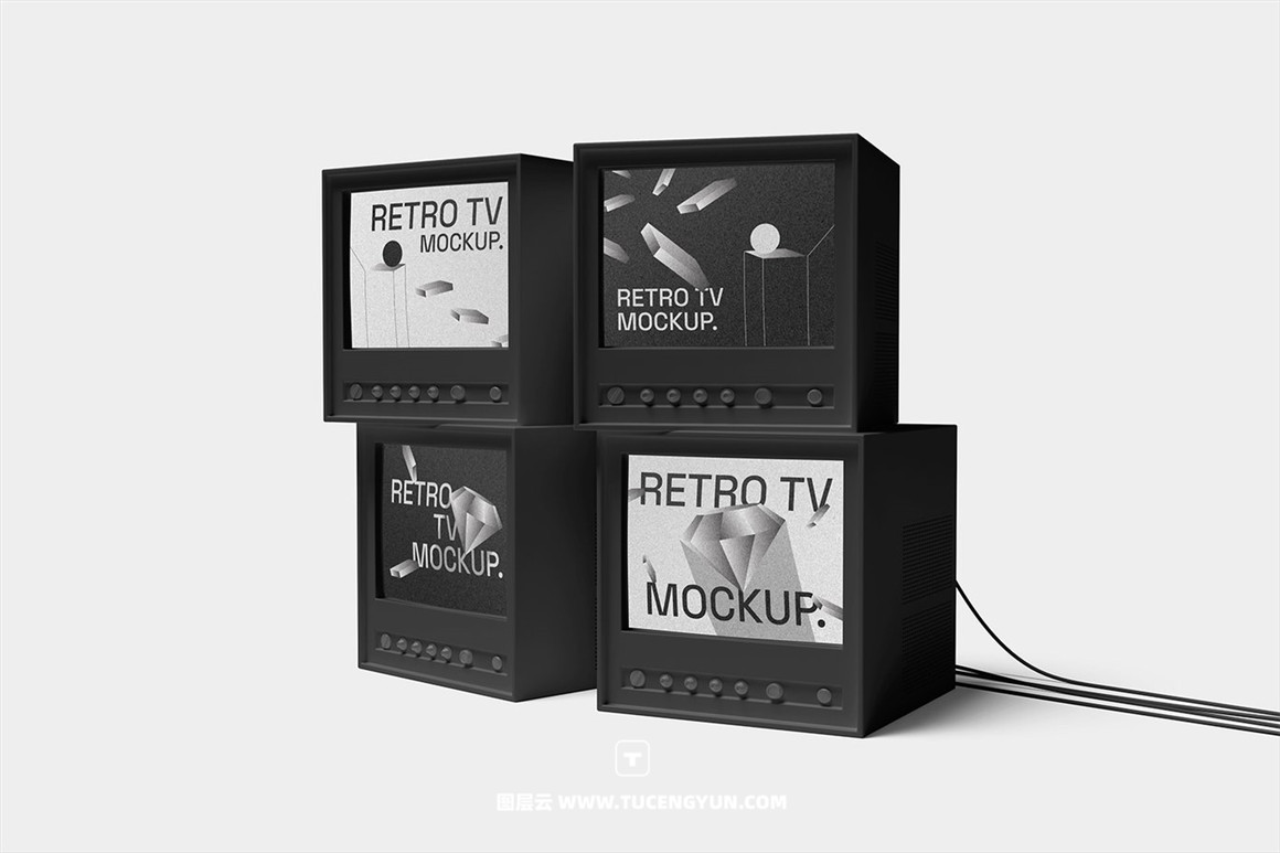 3款极简复古堆叠TV电视机屏幕海报广告设计展示PSD样机 Retro TV Mockup（11091）图层云