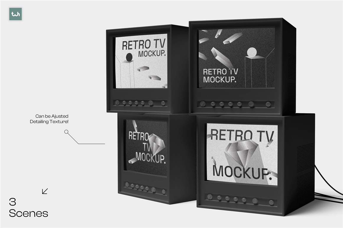 3款极简复古堆叠TV电视机屏幕海报广告设计展示PSD样机 Retro TV Mockup（11091）图层云