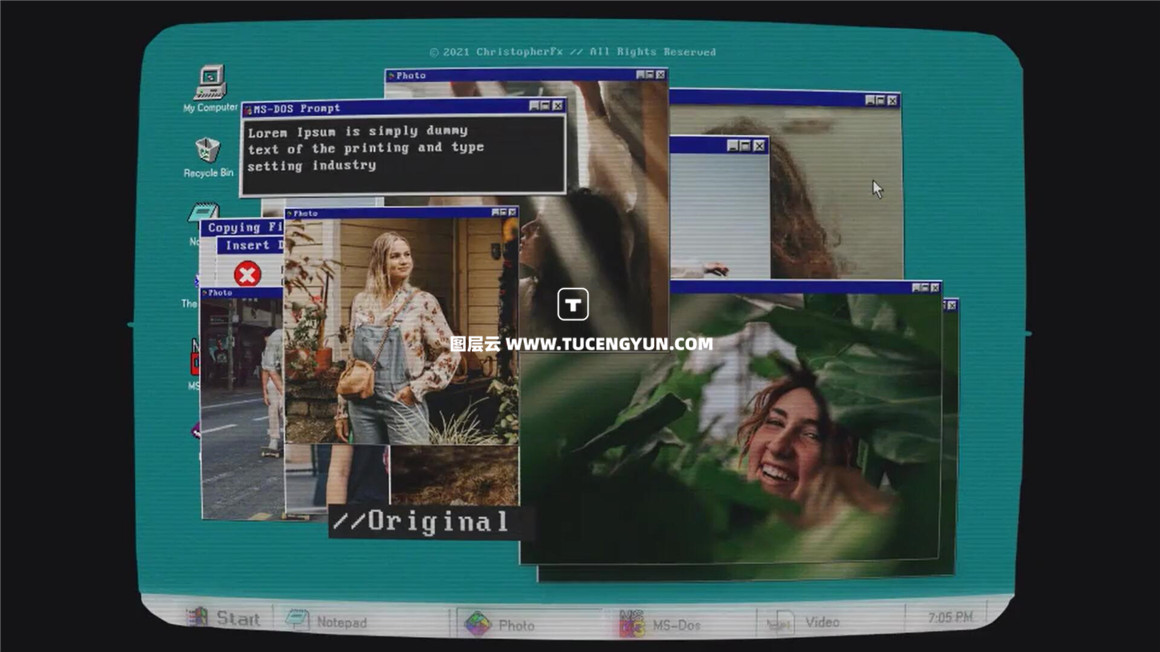 AE/PR模板：复古老式WIN95经典旧计算机操作系统弹窗蓝屏像素艺术开场片头（11097）图层云