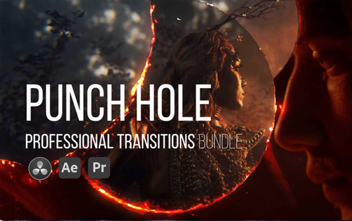 Punch Hole Transitions 40个复古8mm胶卷失真打孔过曝倒带闪光烧伤转场效果AE/PR/达芬奇模板+转场音效（11289）图层云