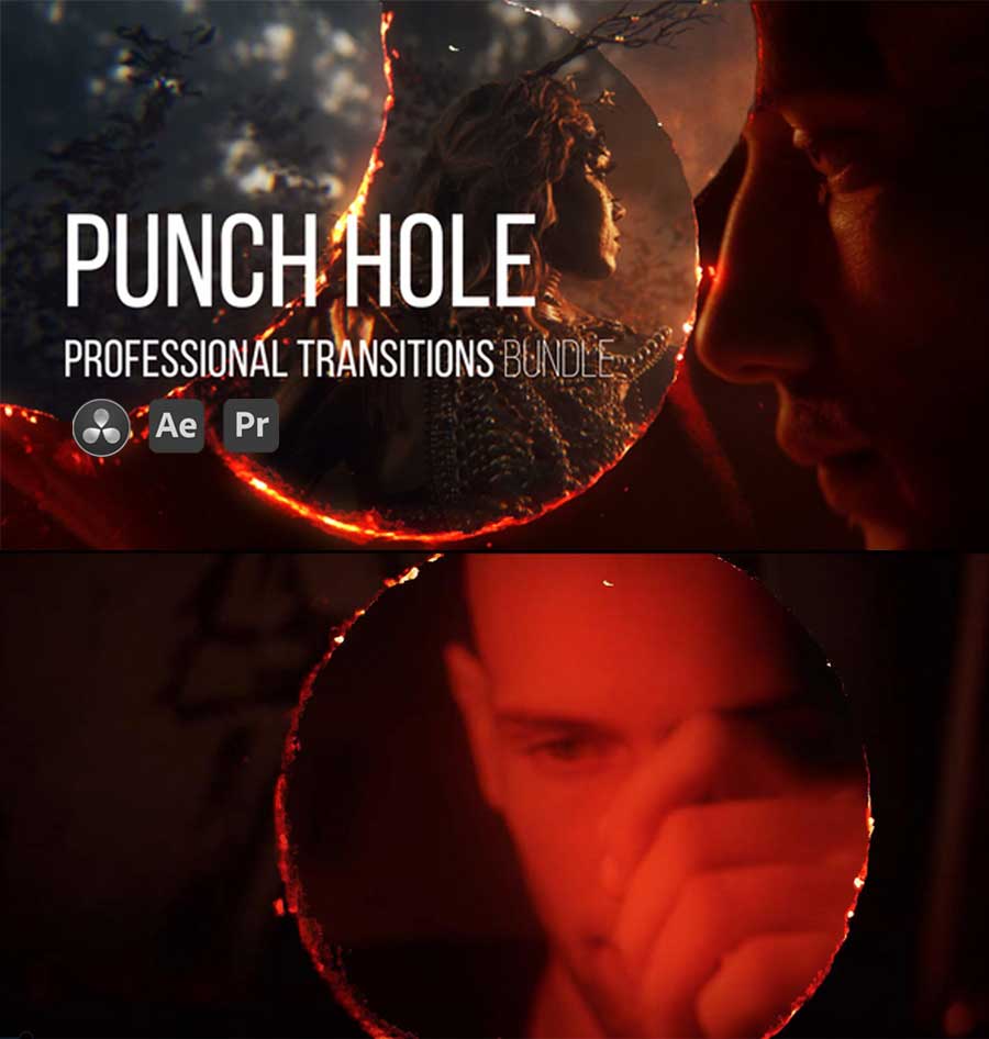 Punch Hole Transitions 40个复古8mm胶卷失真打孔过曝倒带闪光烧伤转场效果AE/PR/达芬奇模板+转场音效（11289）