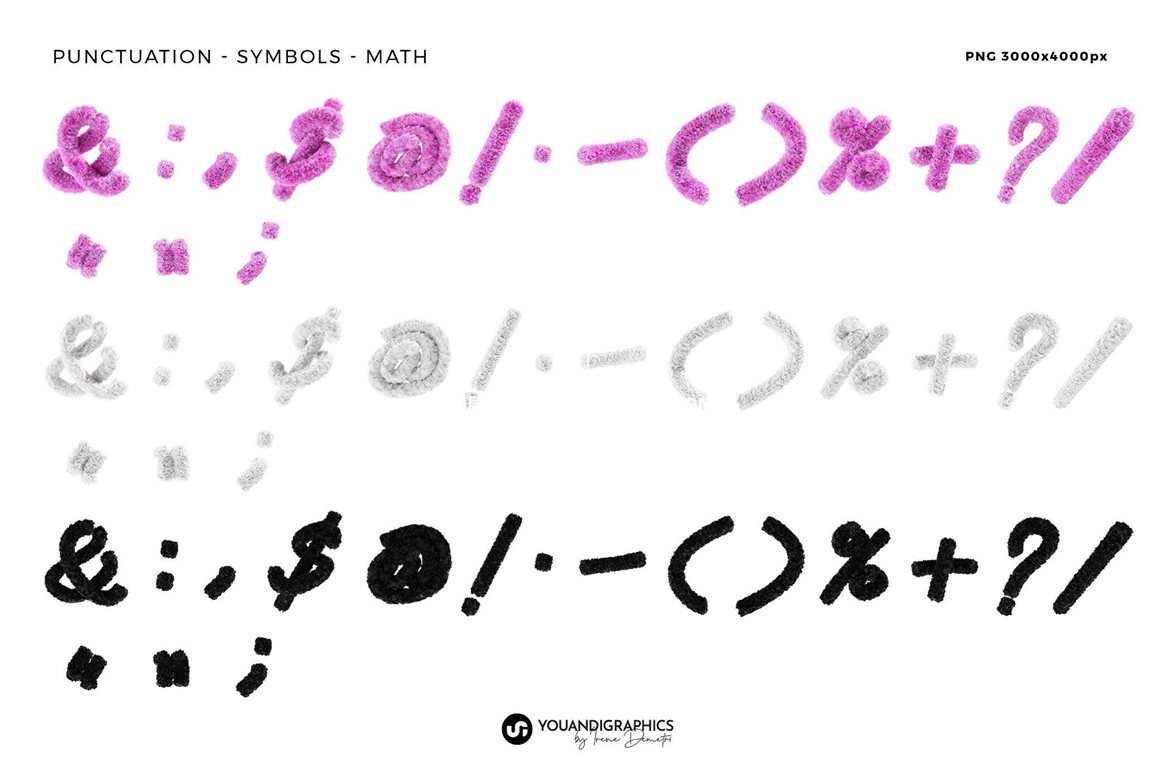 170个复古俏皮Y2K美学毛绒粉白黑三色3D英文小写字母数字符号装饰字体PNG免扣素材 Fur 3D Lettering Set（11291）图层云