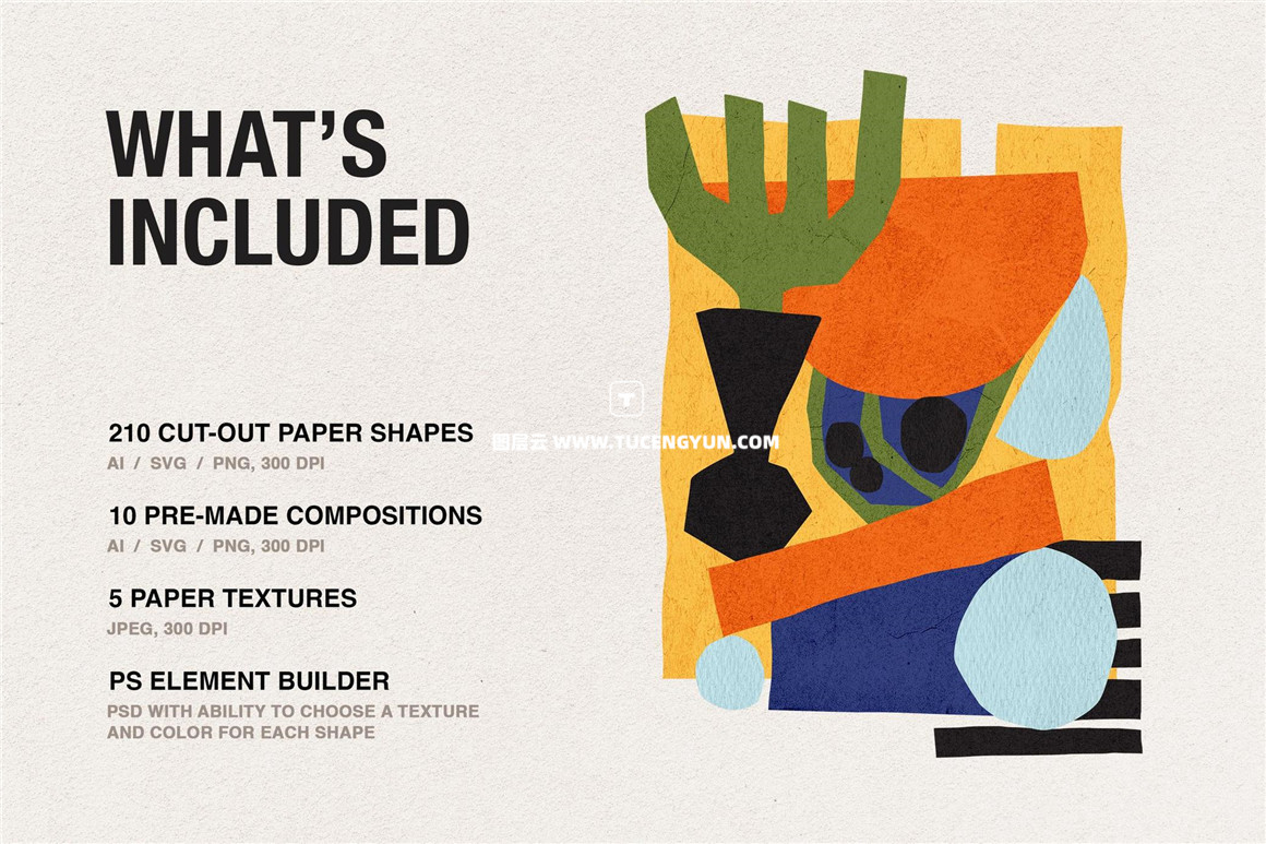 210个复古纸张拼贴艺术趣味抽象几何PNG剪贴画图片AI矢量图形设计套装 Paper Cut-Out Shapes Collection（11353）图层云