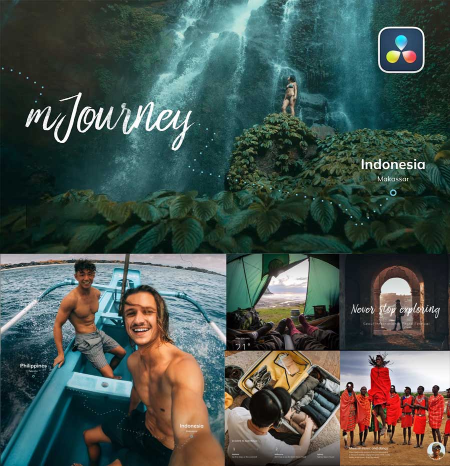 MotionVFX MJourney DVR 88种旅游主题VLOG博主终极旅行视频线路文字标题排版转场编辑工具包达芬奇预设（11381）