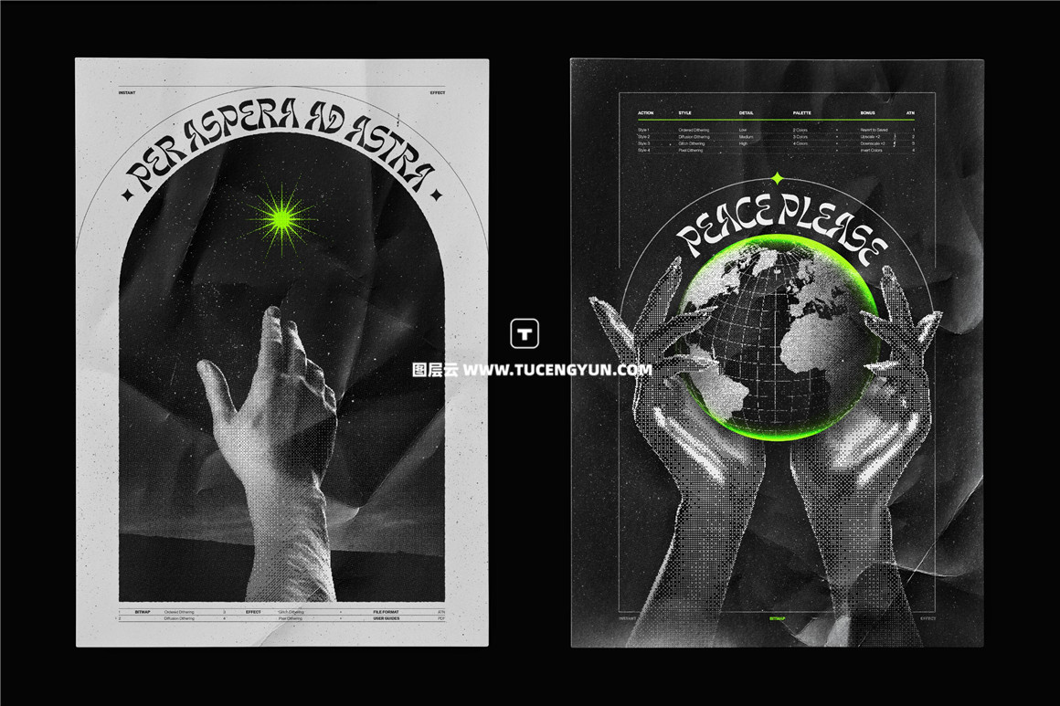 复古做旧半色调毛刺颗粒像素抖动噪点位图英文版PS动作插件 Samolevsky – Bitmap LAB – pixel halftone action（11416）图层云